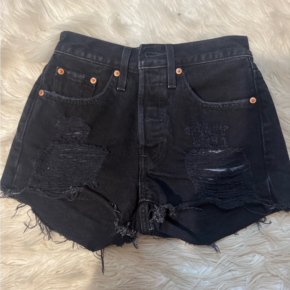 Levi's 501 Black High-Waisted Jean Shorts with Distressed Details
